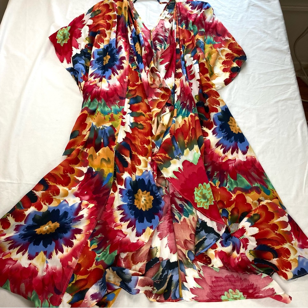 Umgee Kimono Duster Cardigan Bright Watercolor Floral Rayon Sz S/M